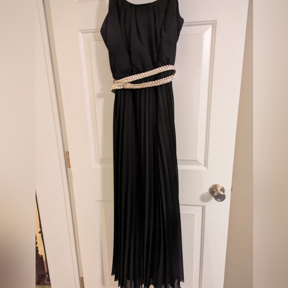 Signature By Robbie Bee  Black Evening Dress Gown with Gold Braided Belt 14P